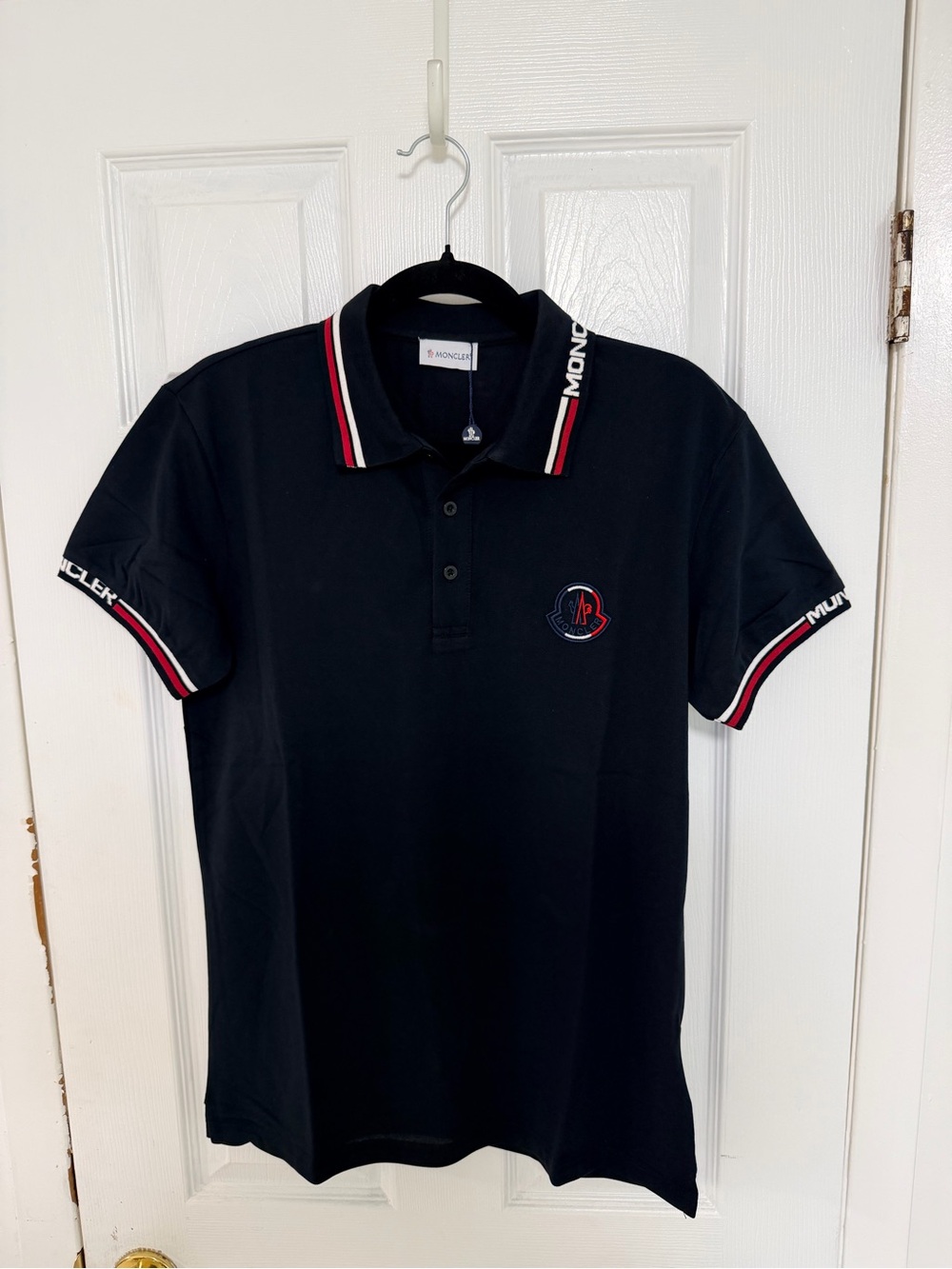 Moncler Men's Black Polo Shirt with Red-Trim Detailing size L